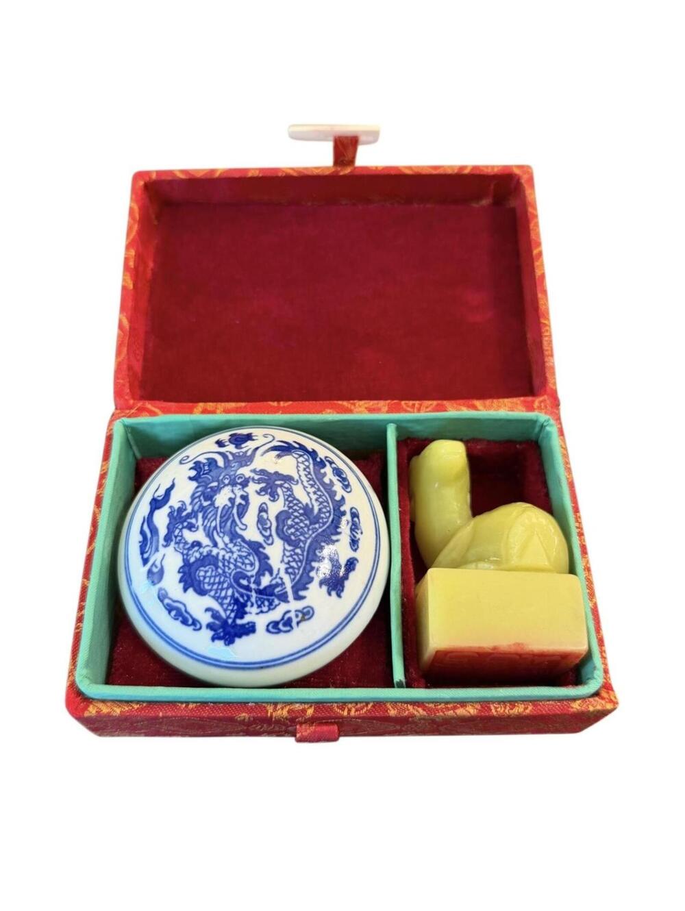Vintage Chinese Red Ink Soap Stone Stamp Set with Carved Bull